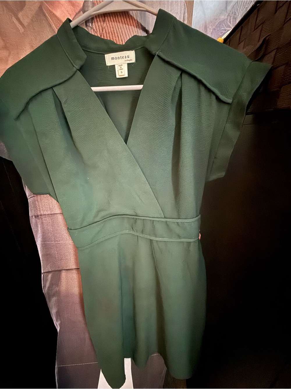 Monteau Olive Green Short Sleeve Faux-Wrap Dress